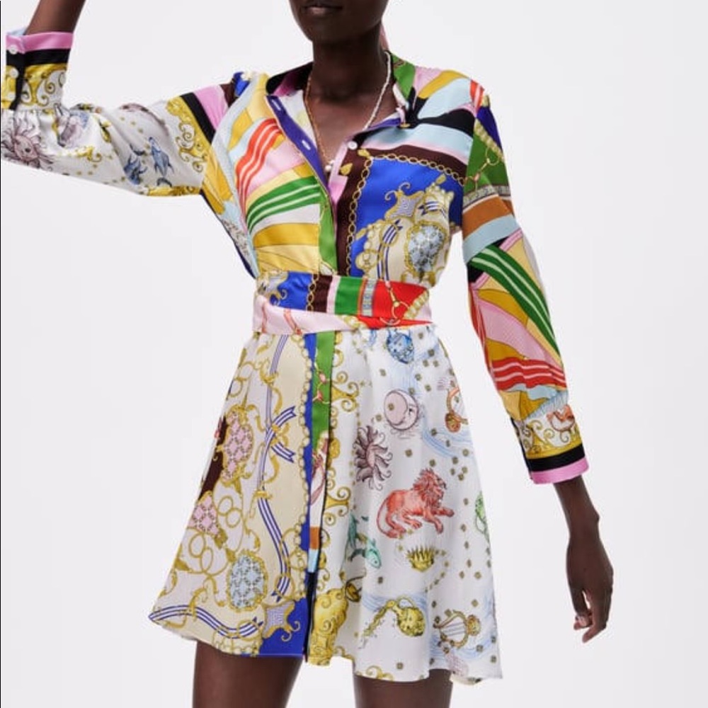 NWT Zara Multicolor Printed Scarf Silk Mini Dress